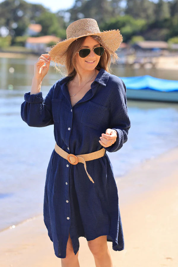 Navy blue crinkle cotton gauze shirt dress with raffia style belt