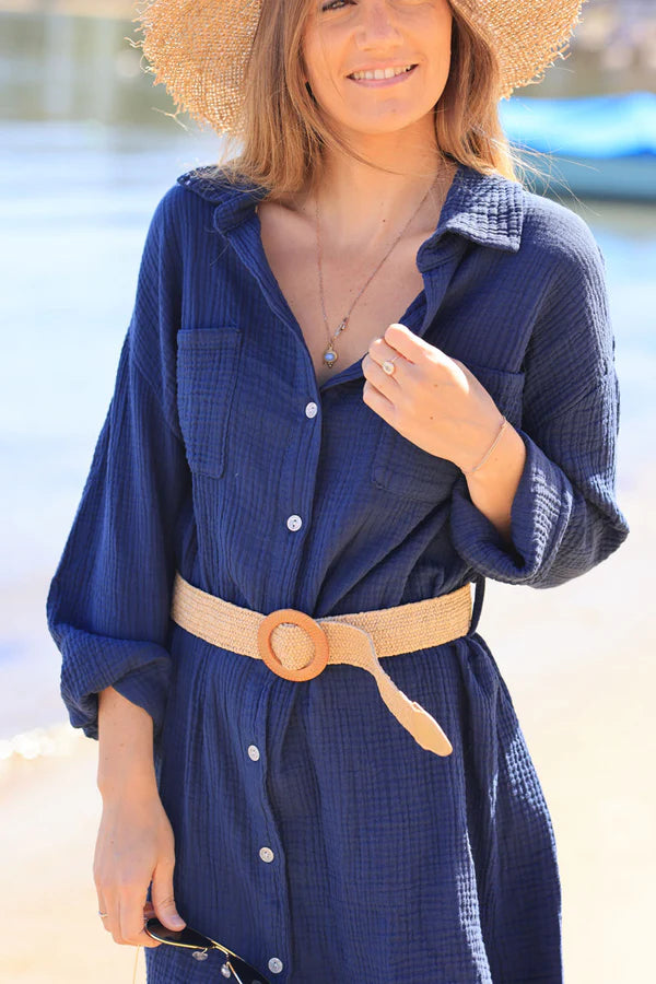 Navy blue crinkle cotton gauze shirt dress with raffia style belt