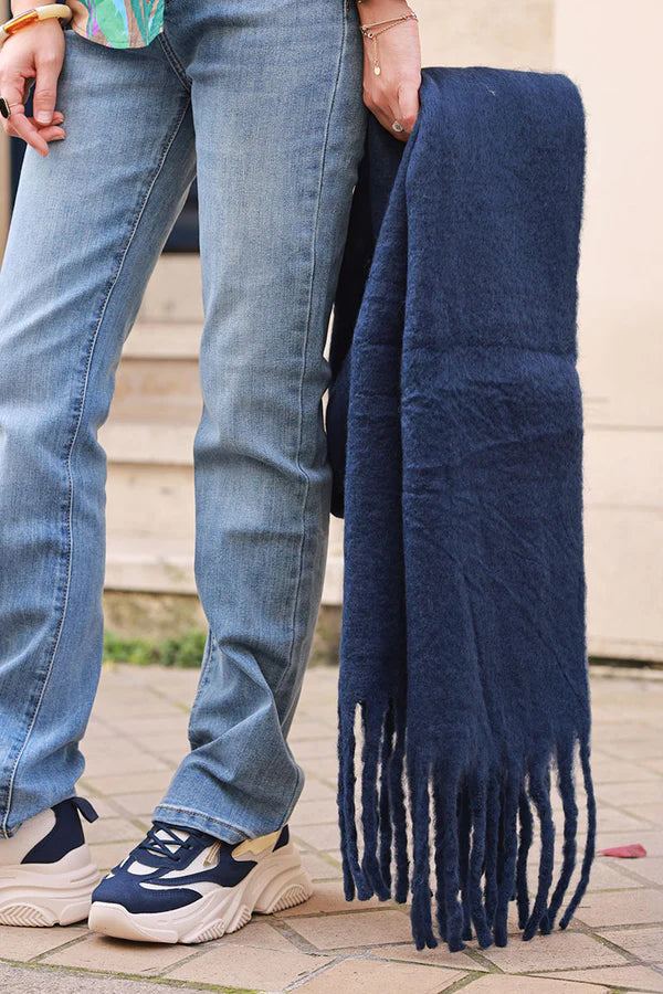 Navy blue Faux Cashmere Tassel Scarf