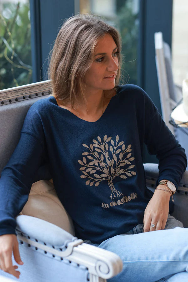 Navy blue “La Vie Est Belle” Gold Glitter Tree Long-Sleeve Tee