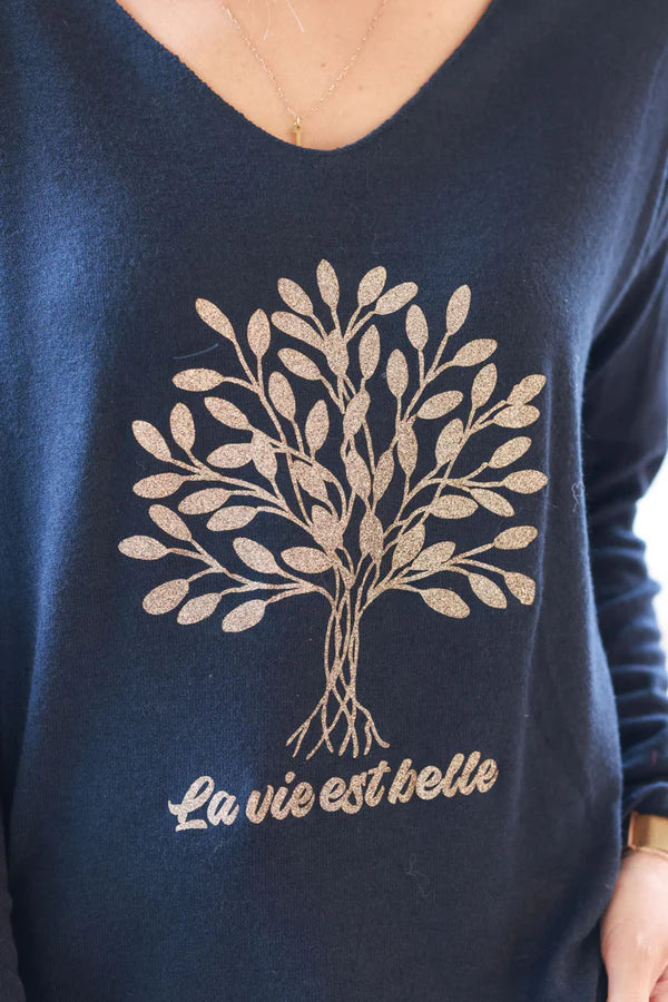 Navy blue “La Vie Est Belle” Gold Glitter Tree Long-Sleeve Tee