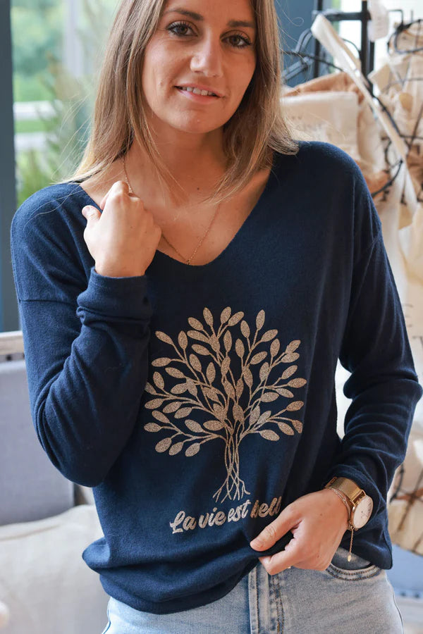 Navy blue “La Vie Est Belle” Gold Glitter Tree Long-Sleeve Tee