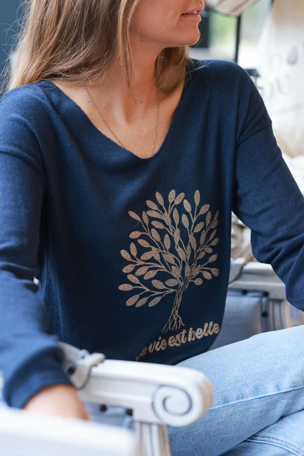 Navy blue “La Vie Est Belle” Gold Glitter Tree Long-Sleeve Tee