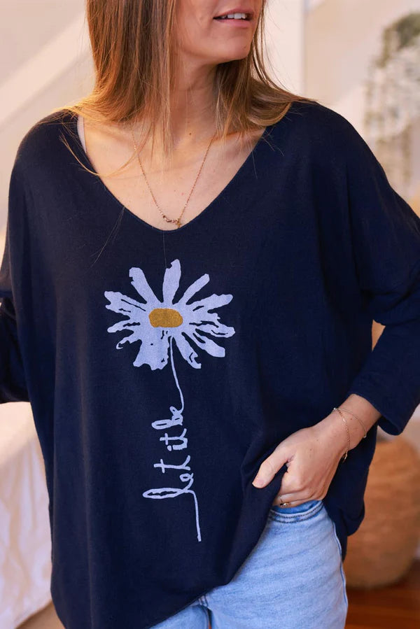 Navy Blue “Let it Be” Daisy Long-Sleeve Knit Top