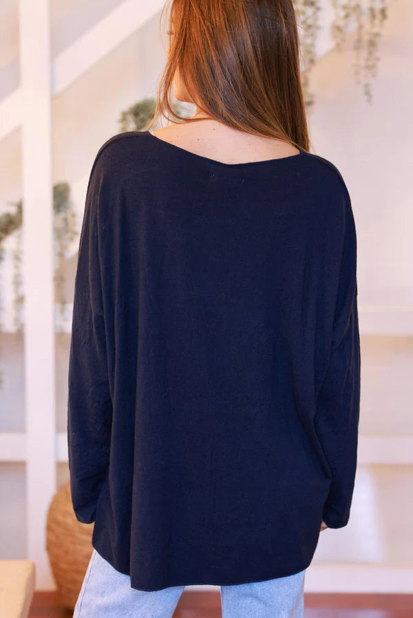 Navy Blue “Let it Be” Daisy Long-Sleeve Knit Top