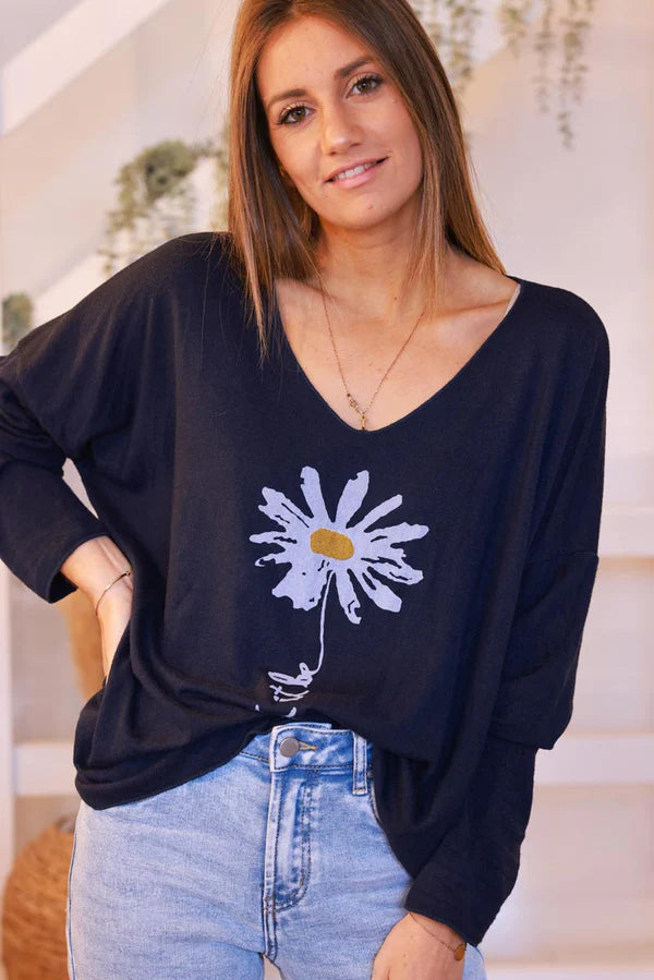 Navy Blue “Let it Be” Daisy Long-Sleeve Knit Top