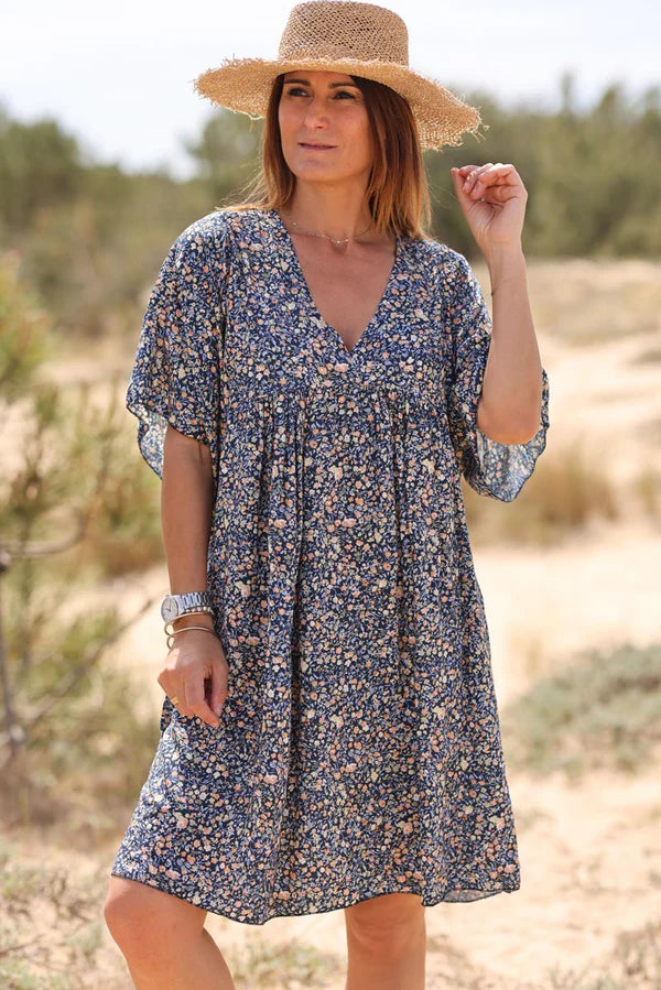 Navy Blue Liberty Print Flowing Smock Dress Jeanne