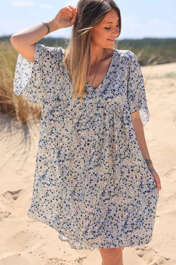 Navy blue liberty print flowing smock dress Jeanne