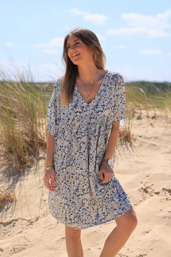 Navy blue liberty print flowing smock dress Jeanne