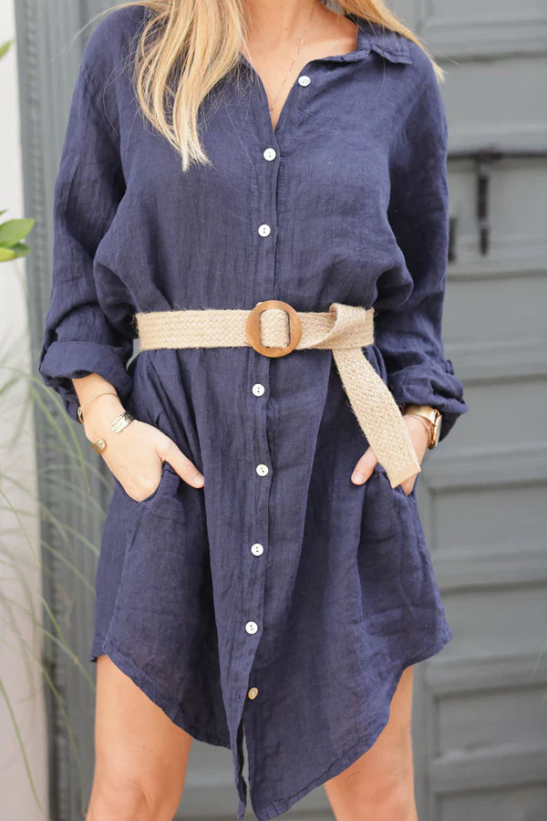 Navy blue linen shirt dress with mother of pearl buttons and pockets