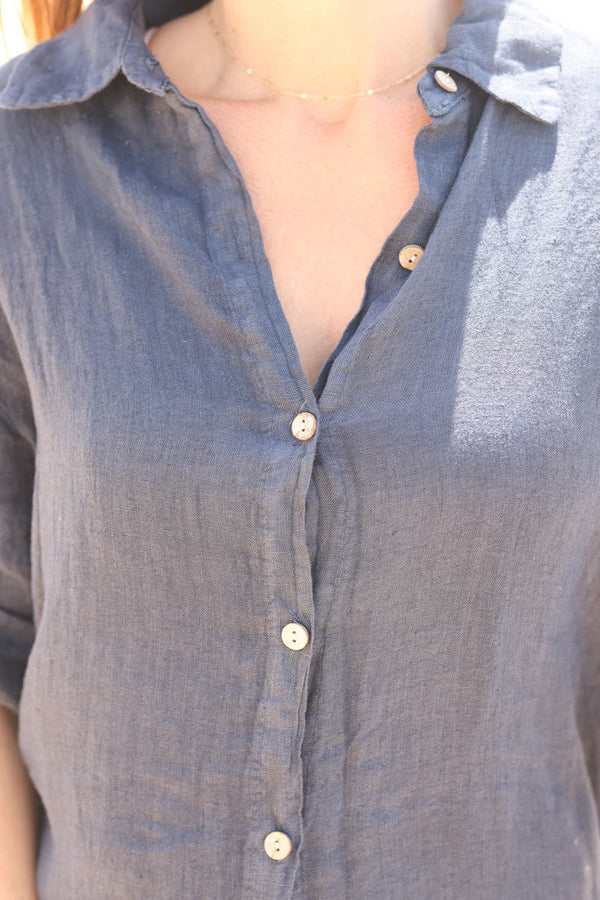 Navy blue linen shirt dress with wooden buttons