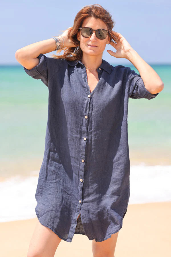 Navy blue linen shirt dress with wooden buttons