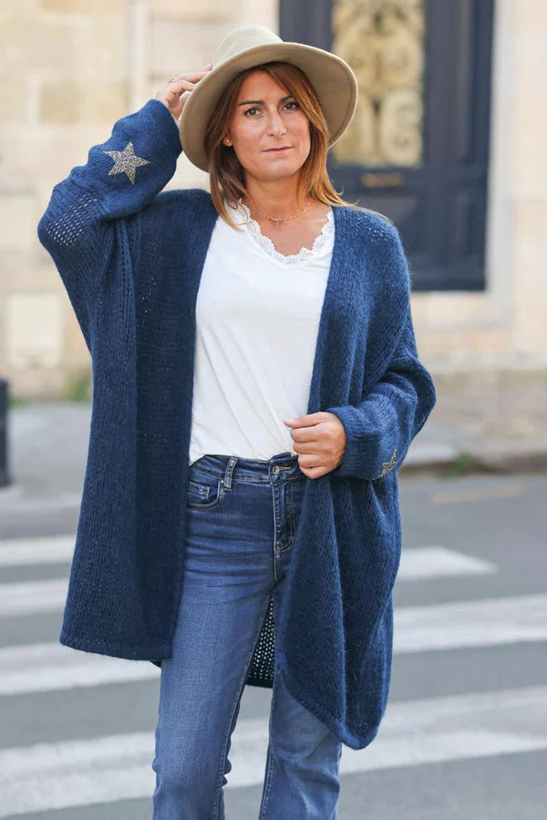 Navy blue Medium-Long Chunky Knit Cardigan with Rhinestone Star detail