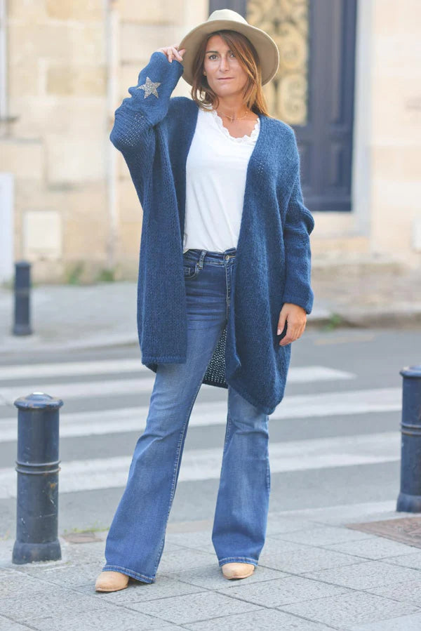 Navy blue Medium-Long Chunky Knit Cardigan with Rhinestone Star detail