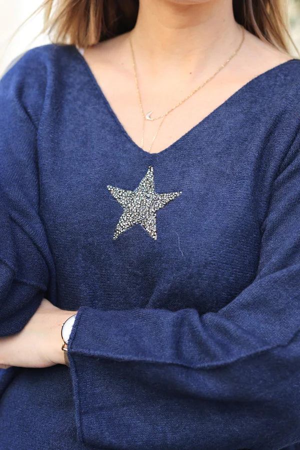 Navy blue Oversized super soft Sweater with Silver Rhinestone Star