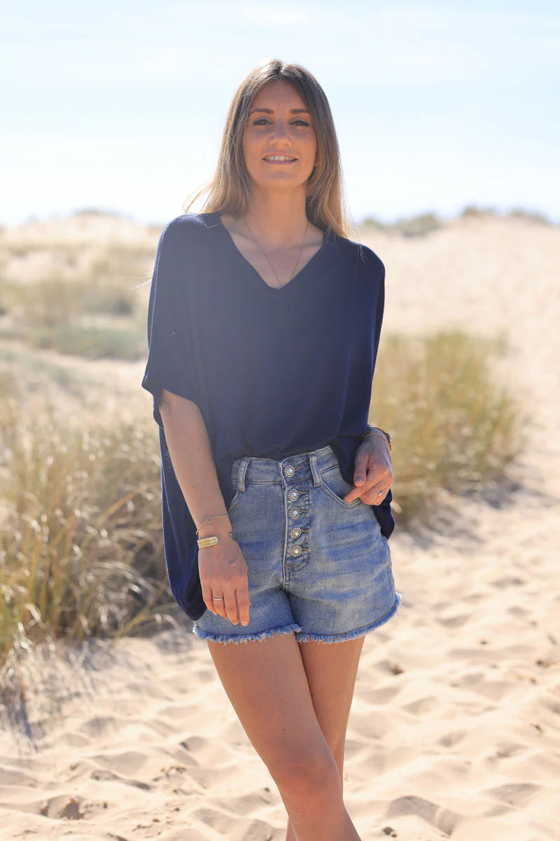Navy Blue Relaxed Fit Batwing Super Soft T-shirt