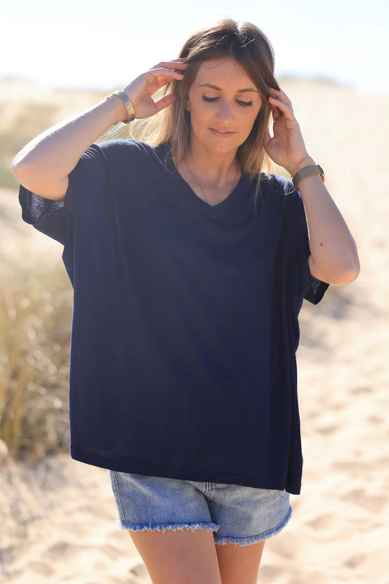 Navy Blue Relaxed Fit Batwing Super Soft T-shirt