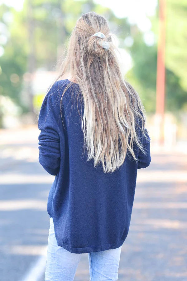 Navy Blue Soft Basic V-neck Sweater