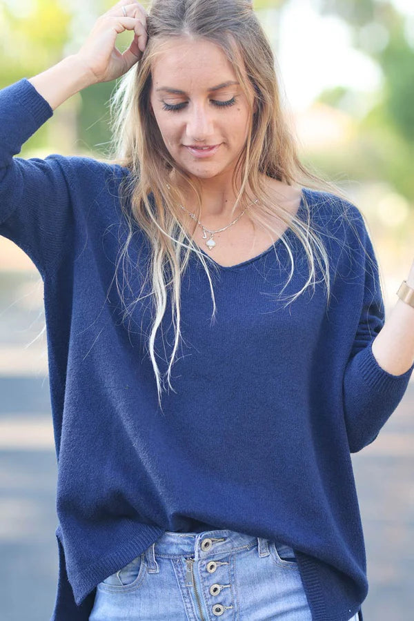 Navy Blue Soft Basic V-neck Sweater