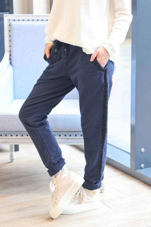 Navy Blue Sweatpants with Satin Outseams