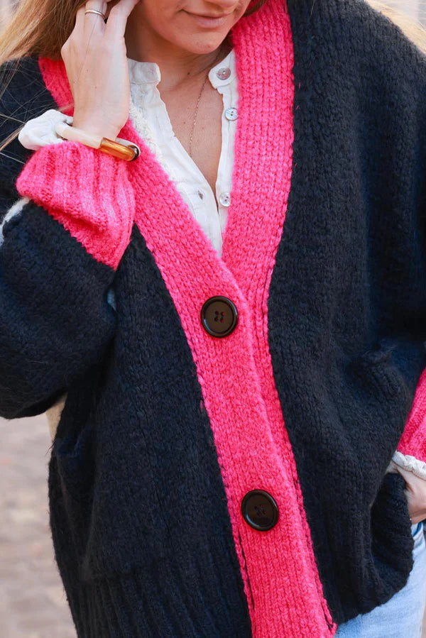 Navy blue Sweater Knit Cardigan with Fuchsia Trim