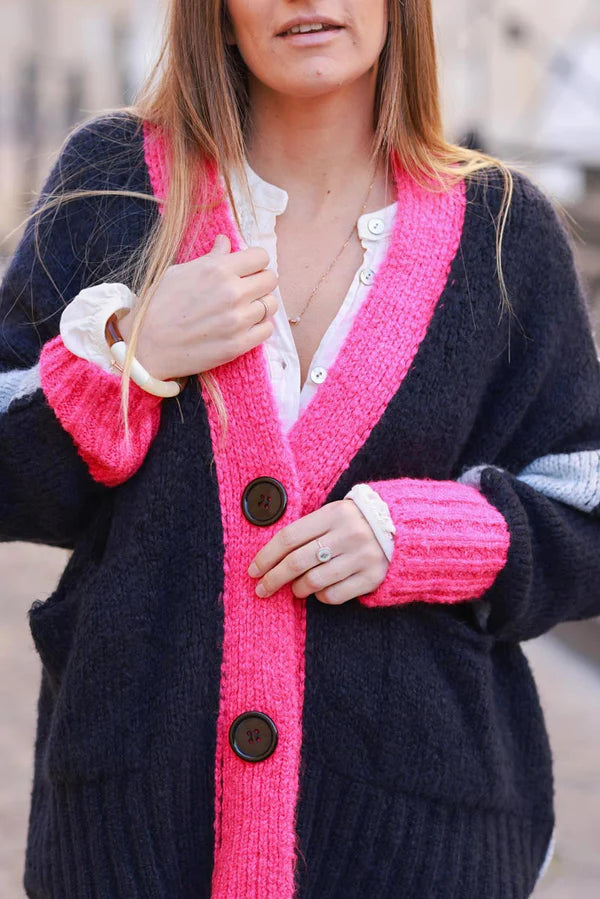 Navy blue Sweater Knit Cardigan with Fuchsia Trim