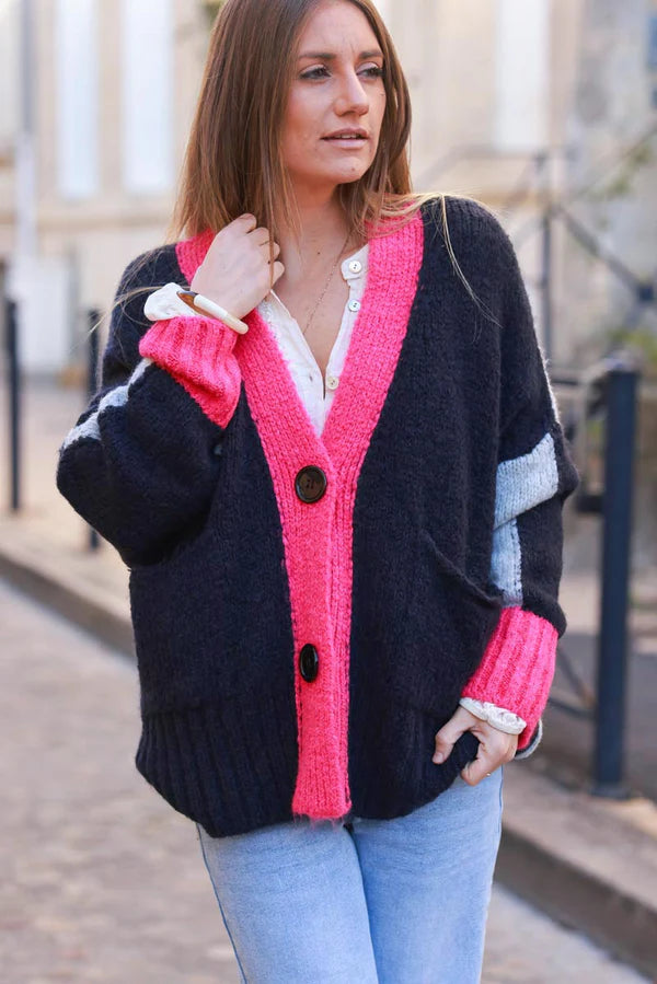 Navy blue Sweater Knit Cardigan with Fuchsia Trim