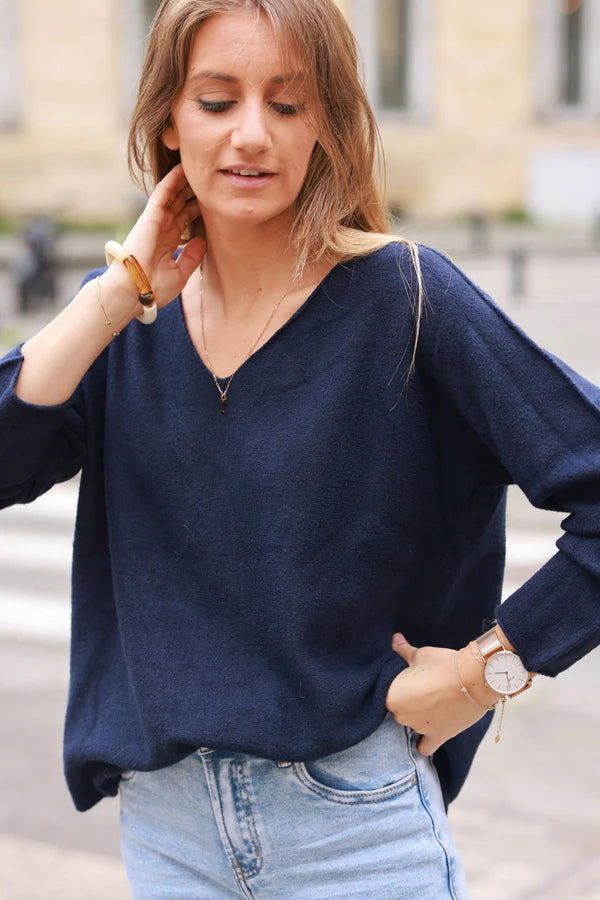 Navy blue ultra-soft, Viscose Blend V-Neck Sweater