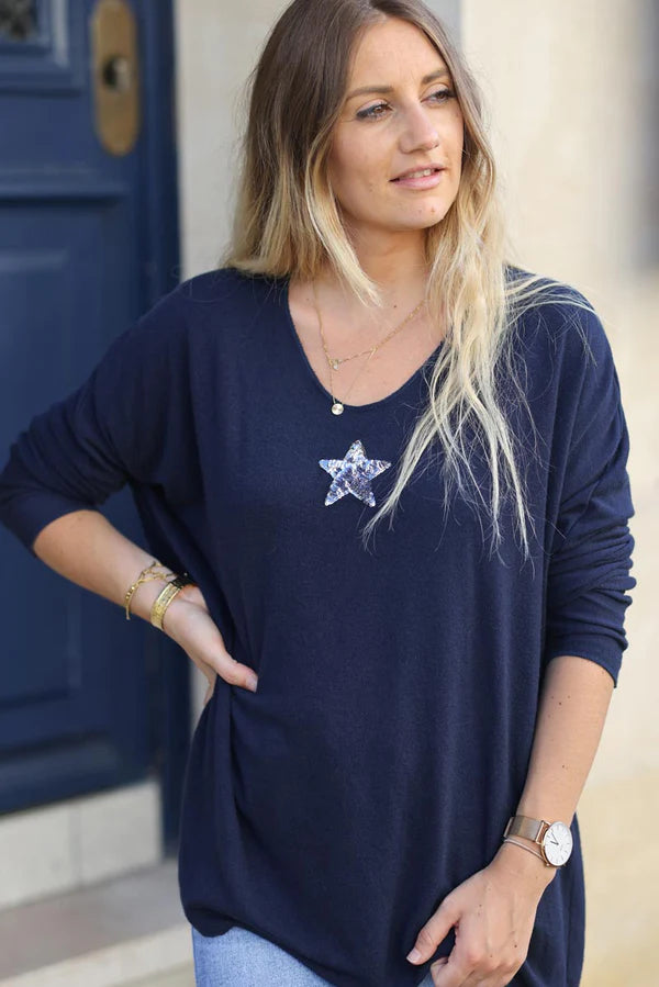 Navy blue V-neck small Star Sequin Sweater