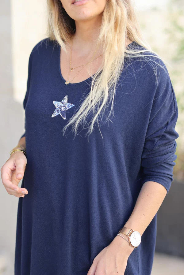 Navy blue V-neck small Star Sequin Sweater