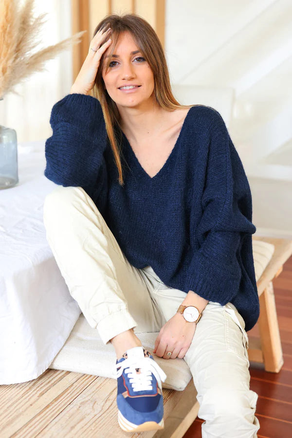 Navy blue Woollen V-Neck Sweater with Batwing Sleeves