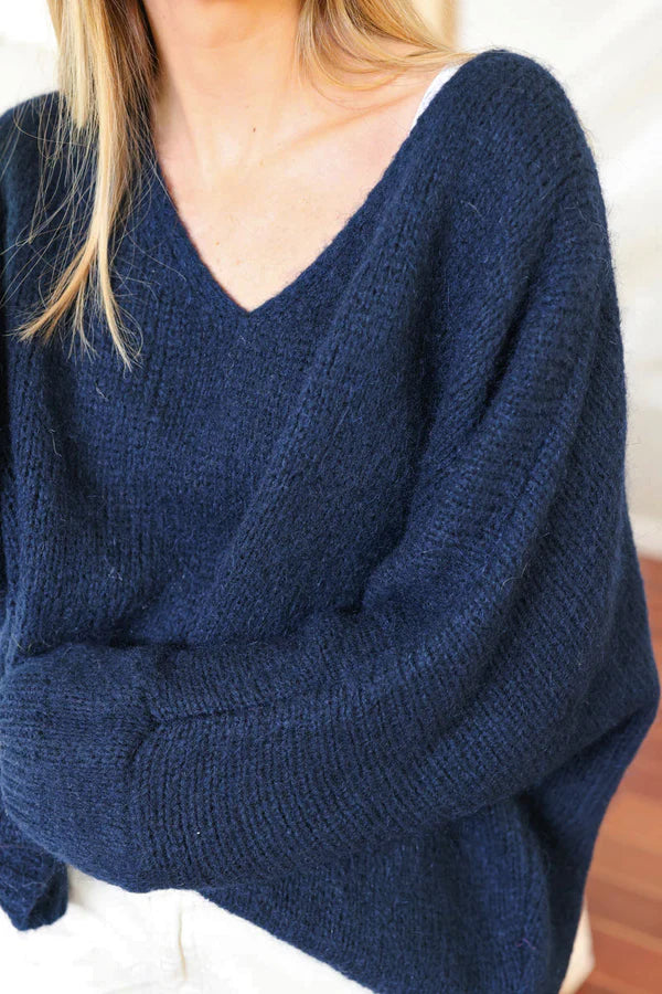 Navy blue Woollen V-Neck Sweater with Batwing Sleeves