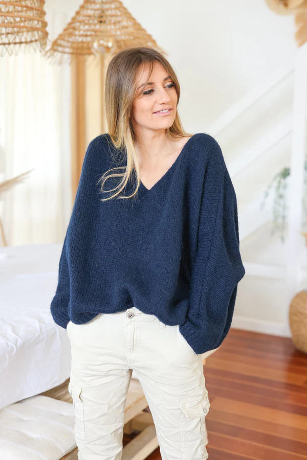 Navy blue Woollen V-Neck Sweater with Batwing Sleeves