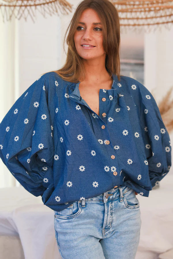 Navy Daisy Print Peasant Blouse