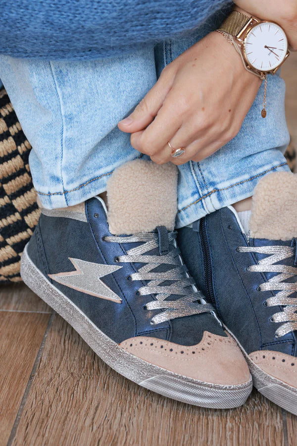 Navy Glitter Bolt and Sherpa High-Top Sneakers