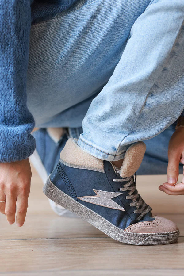 Navy Glitter Bolt and Sherpa High-Top Sneakers