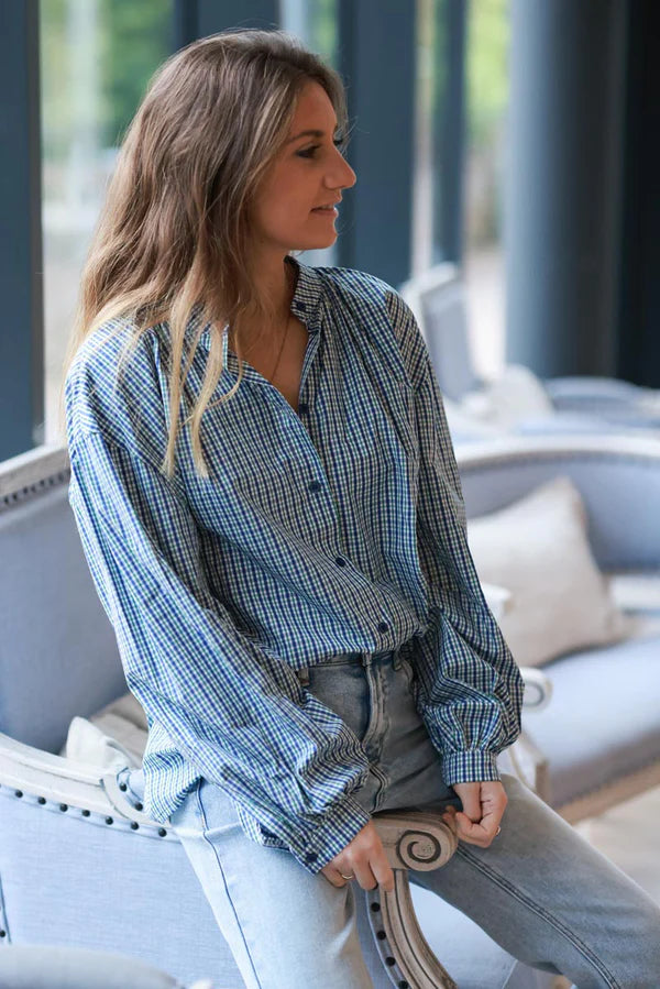 Navy and Green Plaid Cotton Button-Down Blouse