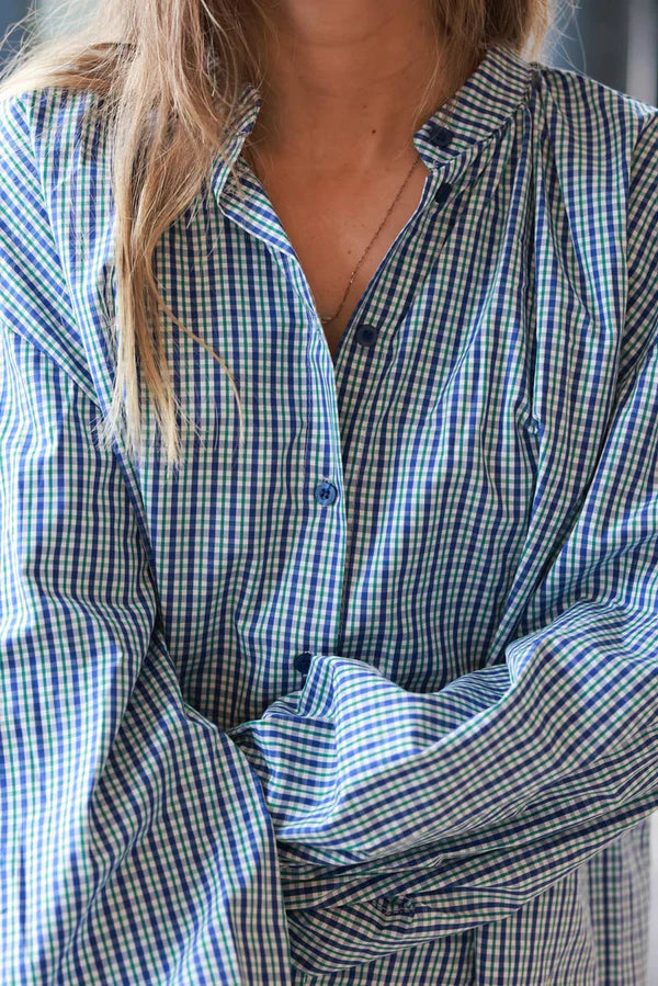 Navy and Green Plaid Cotton Button-Down Blouse