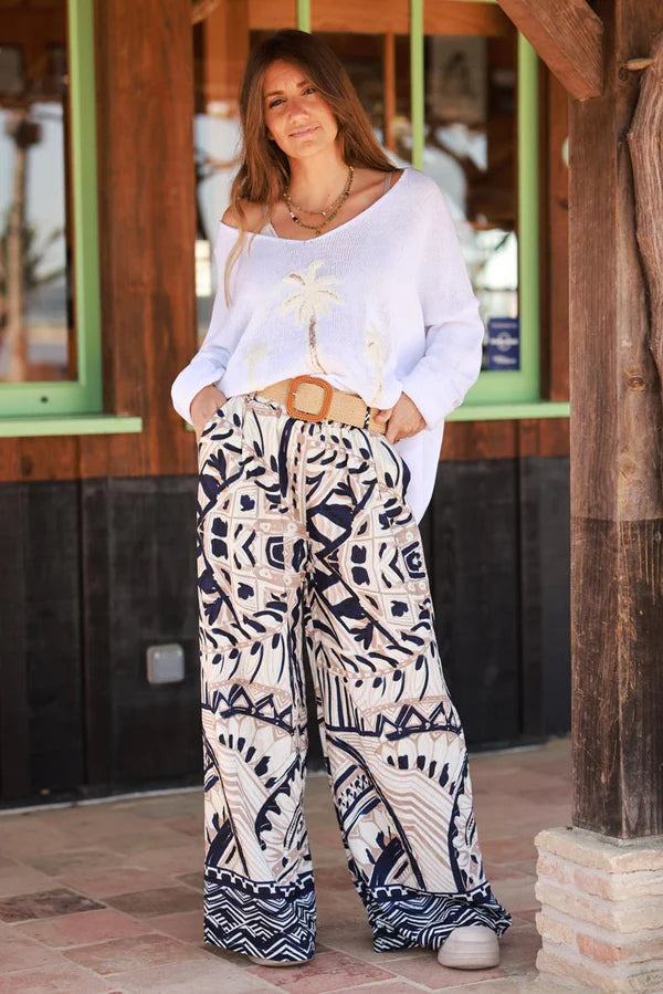 Navy Tiki Print Viscose Pull-On Pants + Belt included