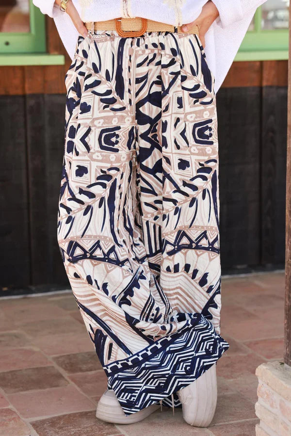 Navy Tiki Print Viscose Pull-On Pants + Belt included