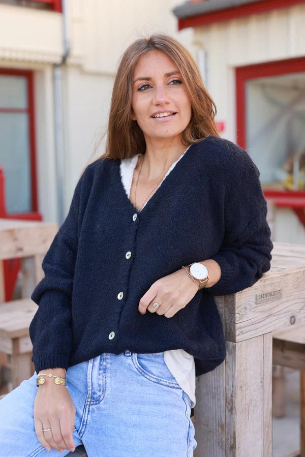 Navy Wool Blend V-Neck Knit Cardigan
