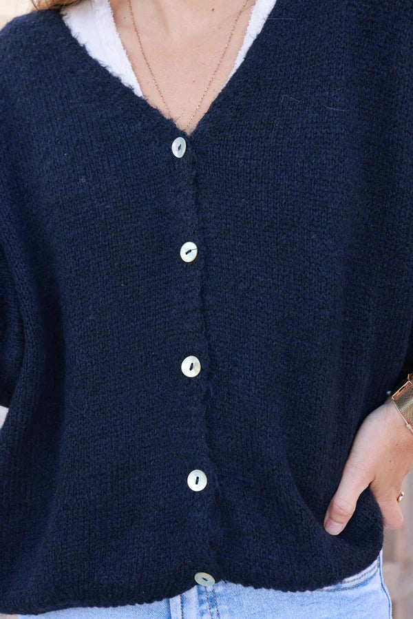 Navy Wool Blend V-Neck Knit Cardigan