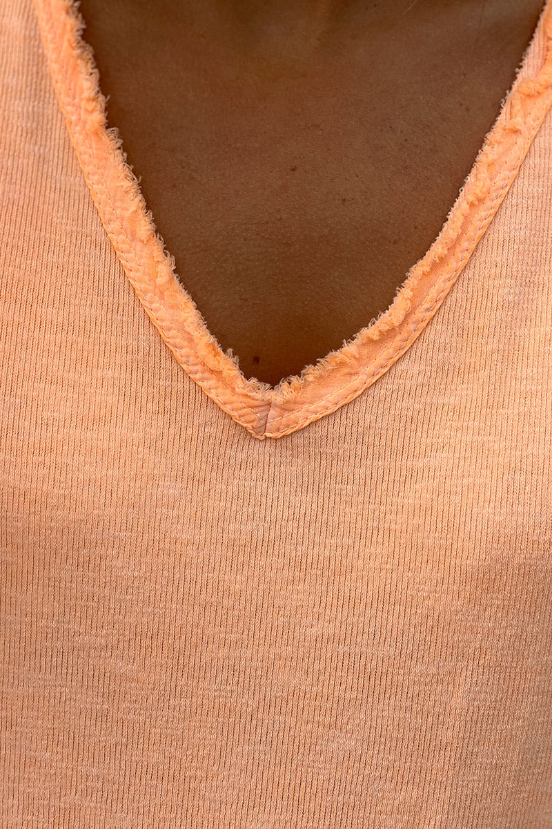 Neon Orange Stretch Cotton Tee with Raw Hems