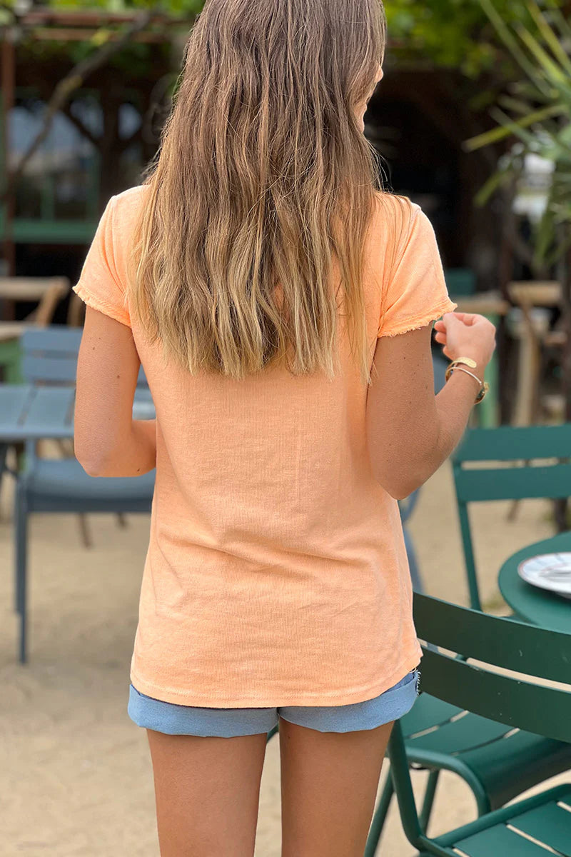 Neon Orange Stretch Cotton Tee with Raw Hems