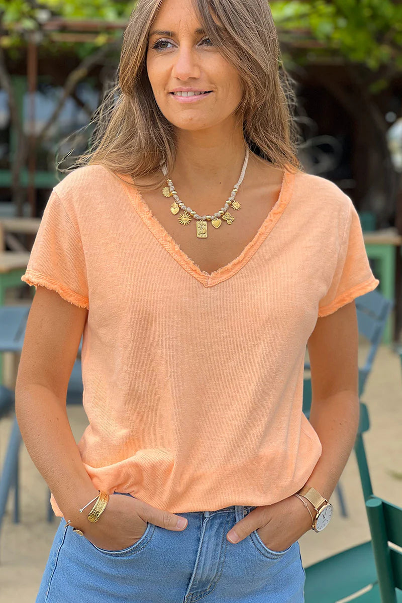 Neon Orange Stretch Cotton Tee with Raw Hems