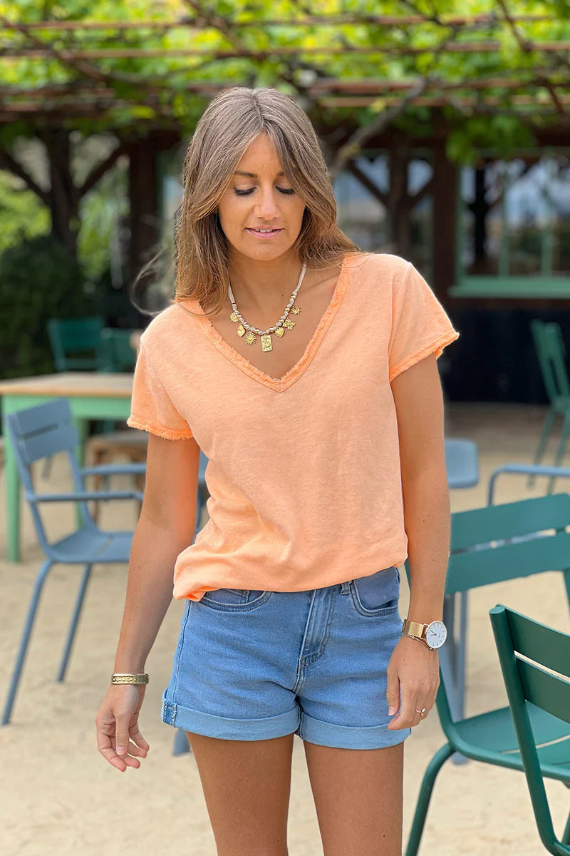 Neon Orange Stretch Cotton Tee with Raw Hems