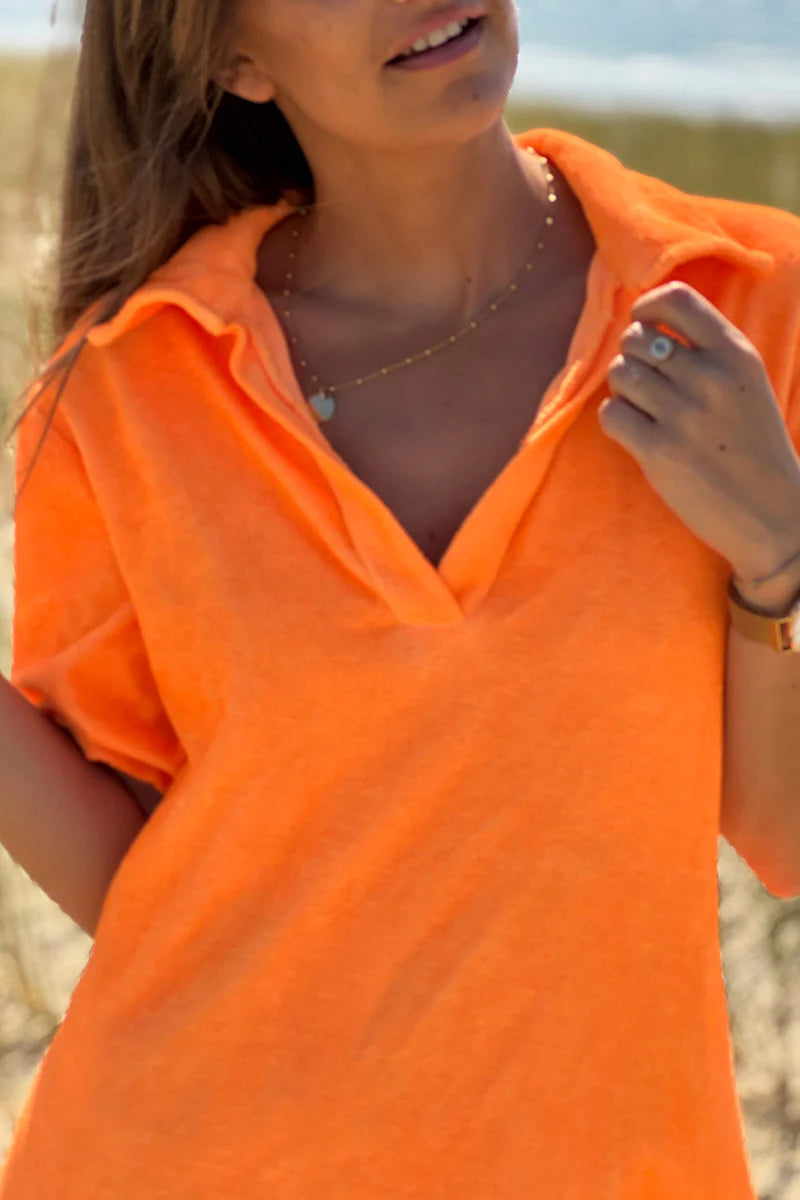 Neon Orange Terry Cloth Collared V-Neck Dress