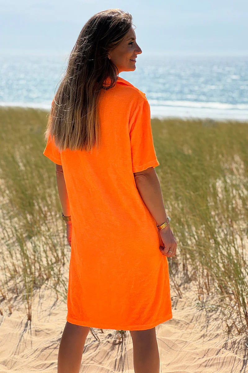 Neon Orange Terry Cloth Collared V-Neck Dress