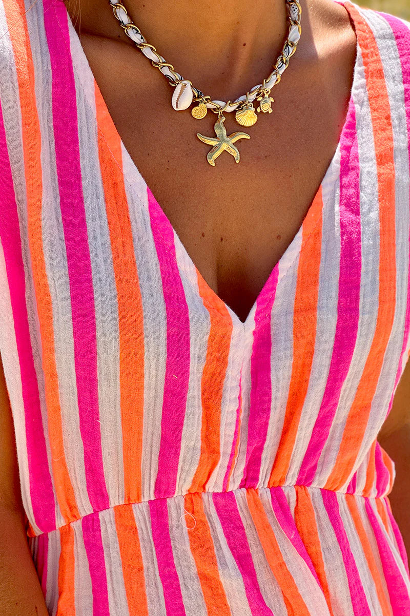 Neon Pink Stripe Gauze Flutter Sleeve Maxi Dress