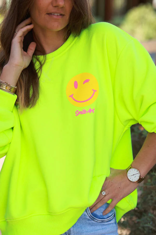 Neon Yellow “WHY NOT” Smiley Screen Print Sweater